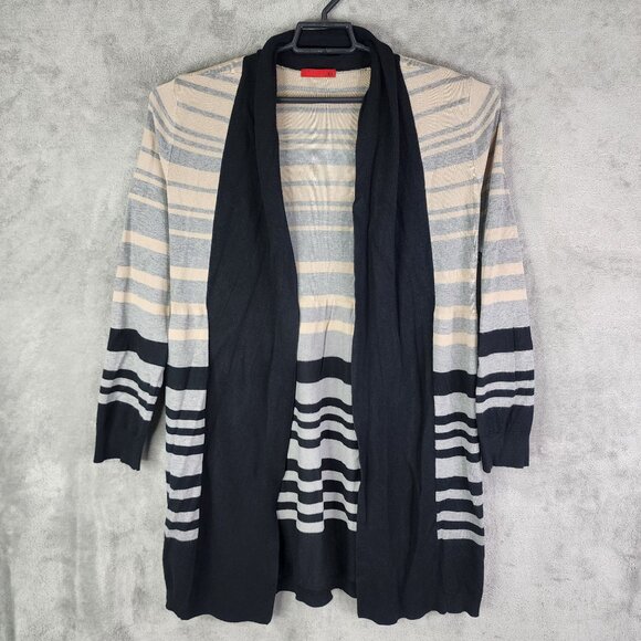 Womens Gray Tan Black Striped Open Front Long Cardigan By RED Long Sleeve XL - Picture 2 of 11